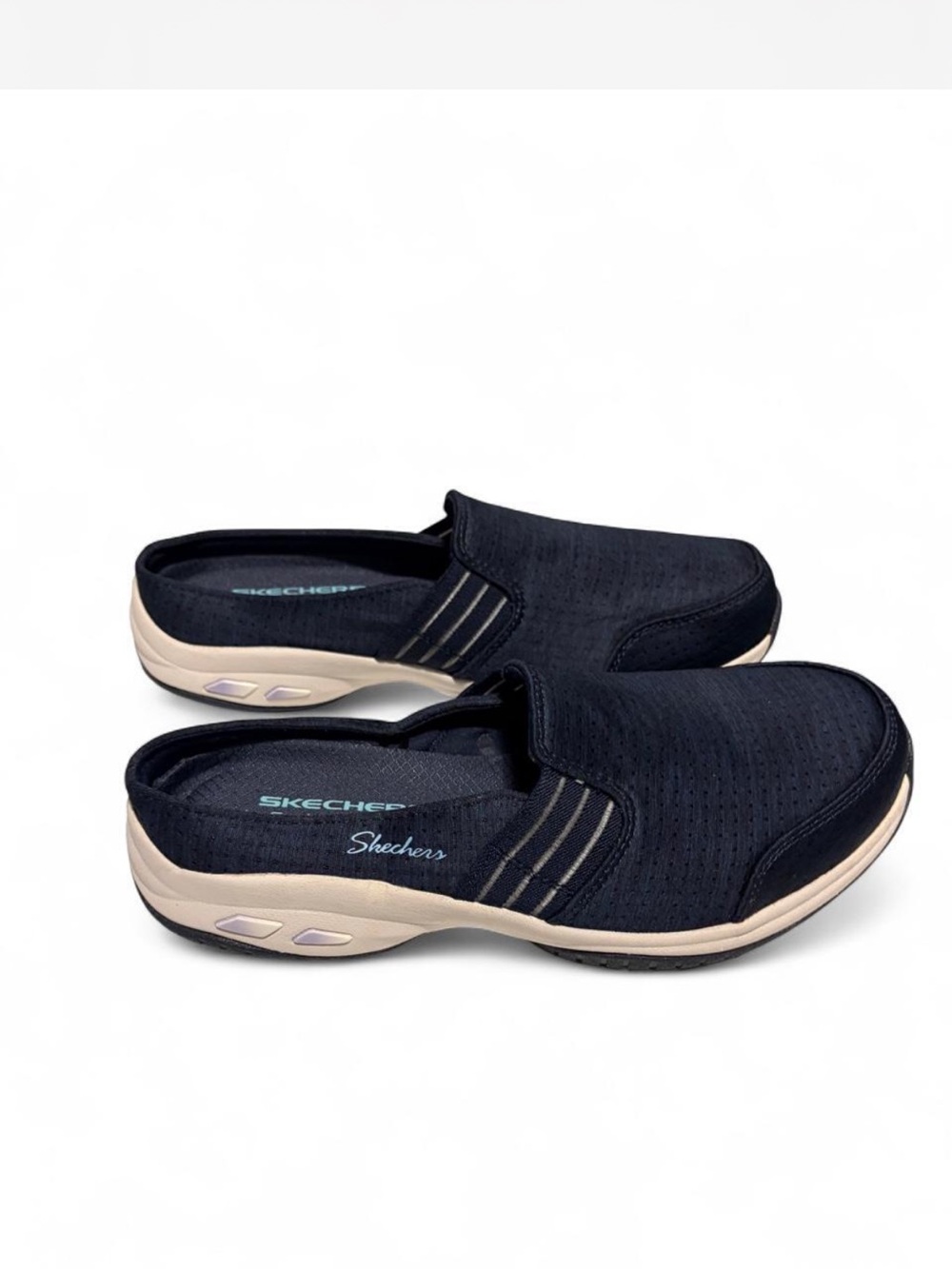 Skechers Navy Slip-On Comfort Mules with Beige Sole